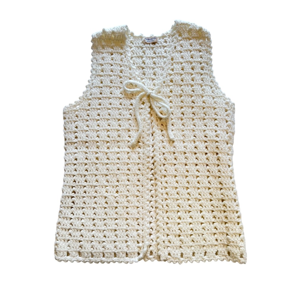 Handmade Vintage Cream Cottagecore Open Knit Crochet Sweater Vest Size M